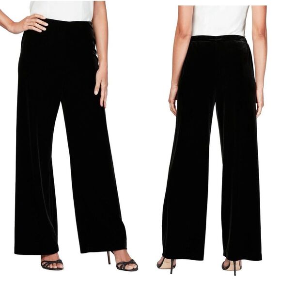 Alex Evenings Pants - Alex Evenings Women's Black Velvet High Rise Pull On Wide Leg Pants Size L